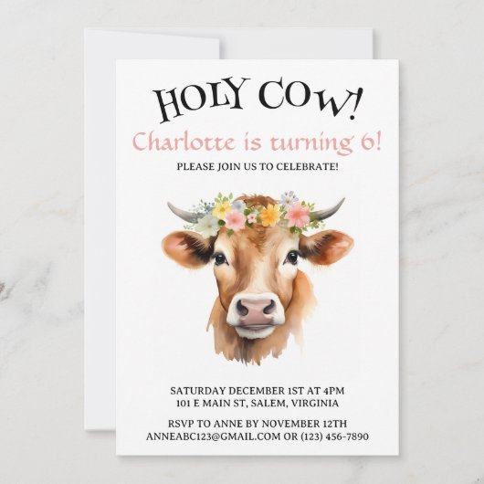 Invitation Saint-Cow Jersey Vache Floral Fille Anniversaire (Devant)