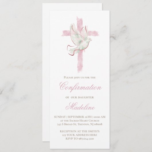 Invitation Saint-Esprit croix rose Confirmation (Devant / Derrière)