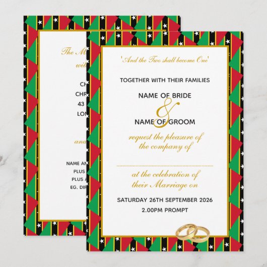 Invitation SAINT-KITTS NEVIS Écriture dorée chrétienne pour m (Devant / Derrière)