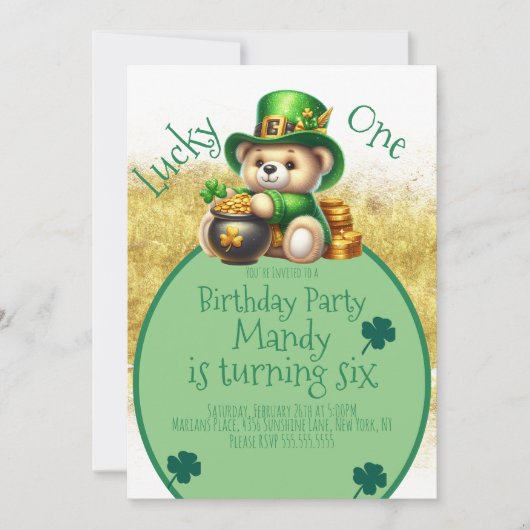 Invitation Saint-Patrick’s Day Bear Jote Anniversaire Lucky O (Devant)