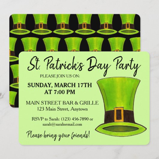 Invitation Saint Patrick's Day Green Leprechaun Tophat Party (Devant / Derrière)