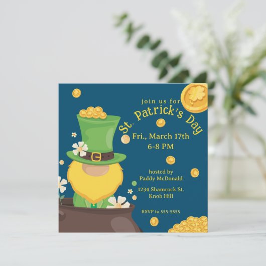 Invitation Saint Patrick's Day Leprechaun en Pot d'Or (Debout devant)