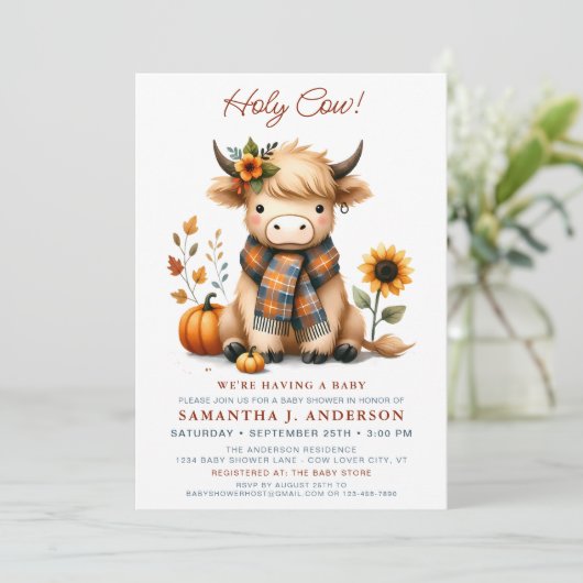 Invitation Saint-Vache Automne Highland Calf Baby shower d'au (Debout devant)