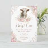 Invitation Saint Vache Boho rose Pampas Vache Bébé Fille Anni (Debout devant)