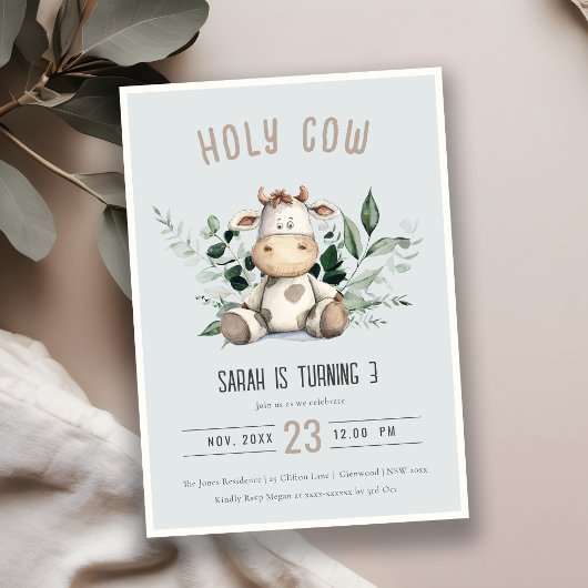 Invitation Saint Vache Foliage Pastel Dusky Blue Anniversaire