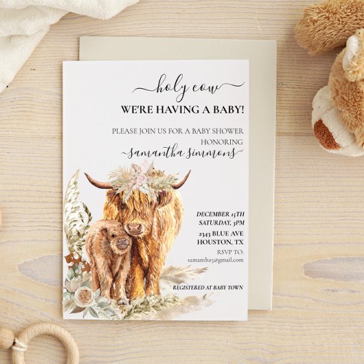 Invitation Saint-Vache Highland Calf Baby shower Boho Pampas