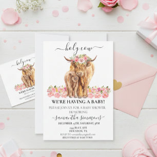 Invitation Saint-Vache Highland Calf Baby shower Rose Bleu