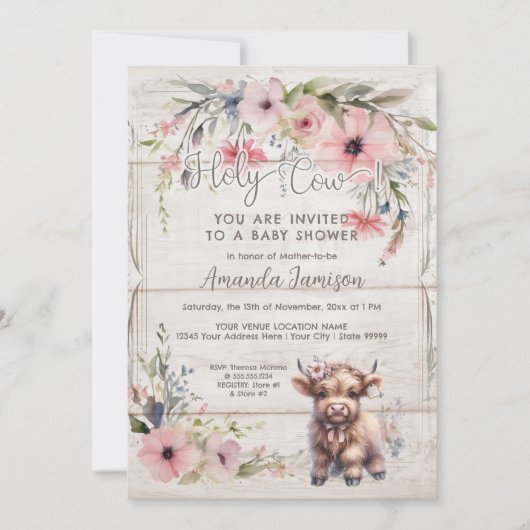 Invitation Saint-Vache Highland Floral mignonne Baby shower a (Devant)