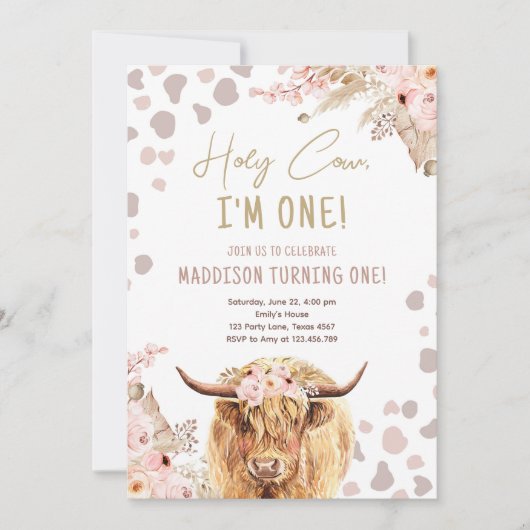 Invitation Saint Vache Highland Pampas Boho 1er Anniversaire (Devant)