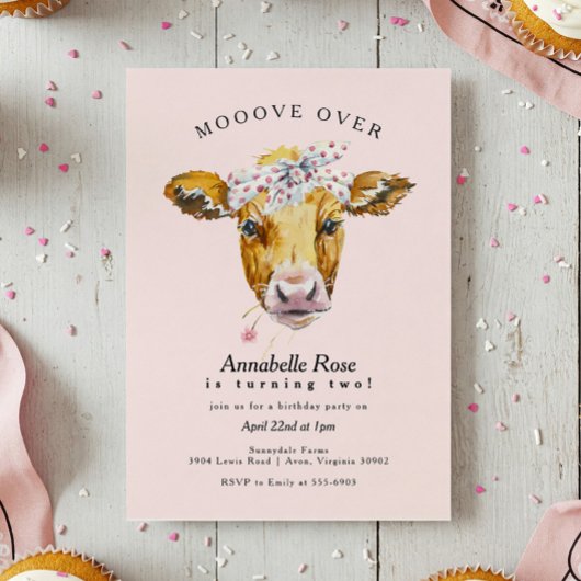 Invitation Saint Vache Moo ferme rose Fille fête d'anniversai
