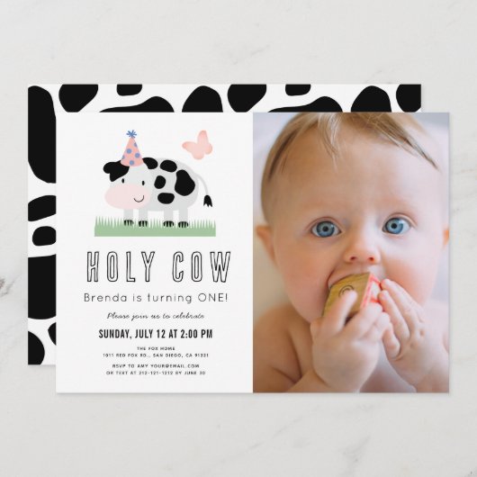 Invitation Saint-Vache Papillon rose Fille 1er anniversaire P (Devant / Derrière)