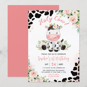 Invitation Saint Vache rose Floral 1er anniversaire fête