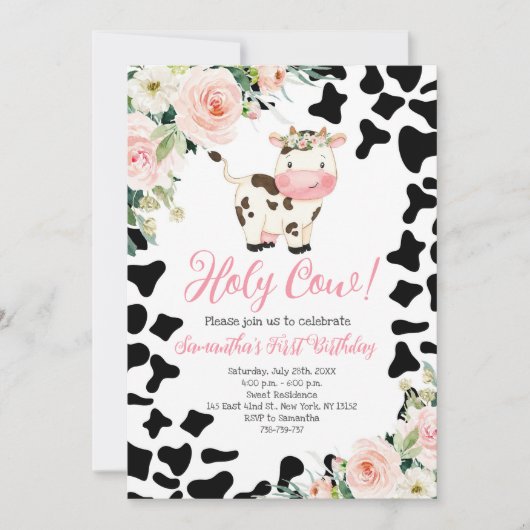 Invitation Saint Vache rose Floral Premier anniversaire fête (Devant)