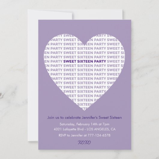 Invitation Saint-Valentin 16 ans xoxo violet (Devant)