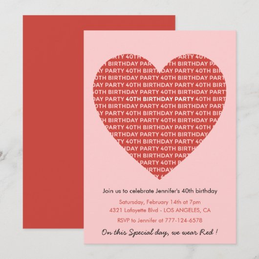 Invitation Saint-Valentin 40e anniversaire typographie Rouge (Devant / Derrière)