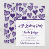 Invitation Saint-Valentin 40ème anniversaire cœurs violets (Devant / Derrière)