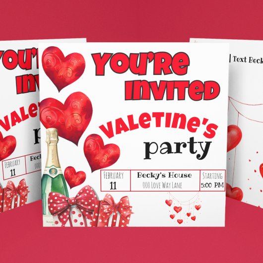 Invitation Saint Valentin au coeur rouge et champagne Pois