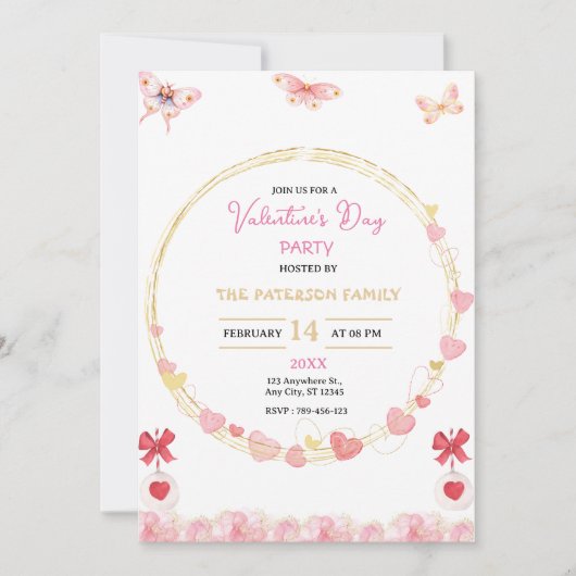 Invitation Saint Valentin avec Coeurs Rose et Or (Devant)