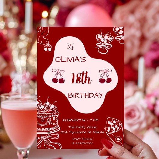 Invitation Saint-Valentin Cerise 18e Anniversaire