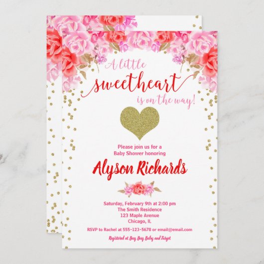 Invitation Saint Valentin coeur rose rouge baby shower (Devant / Derrière)