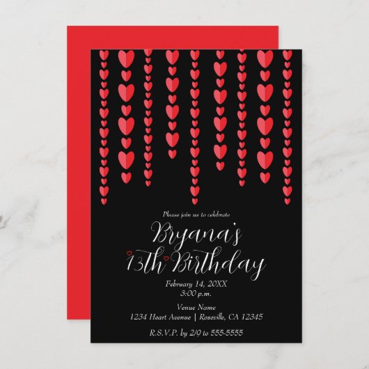 Invitation Saint Valentin Coeurs rouges Février Noir fête d'a (Devant / Derrière)