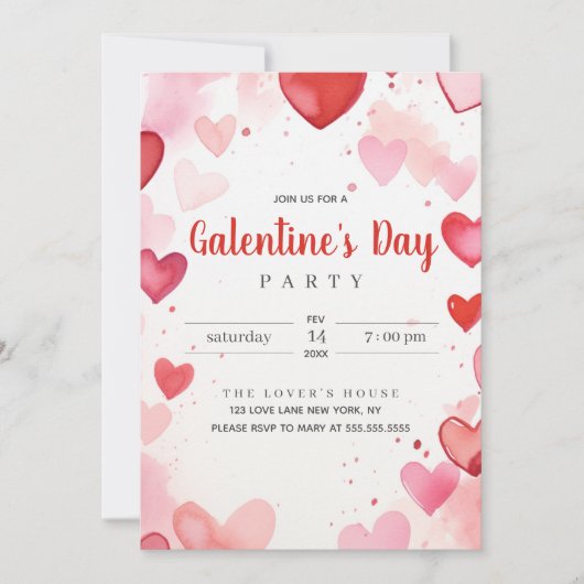 Invitation Saint Valentin Coeurs rouges roses (Devant)