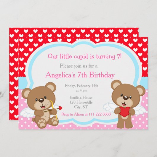 Invitation Saint Valentin Cute Cupid Ours Anniversaire (Devant / Derrière)