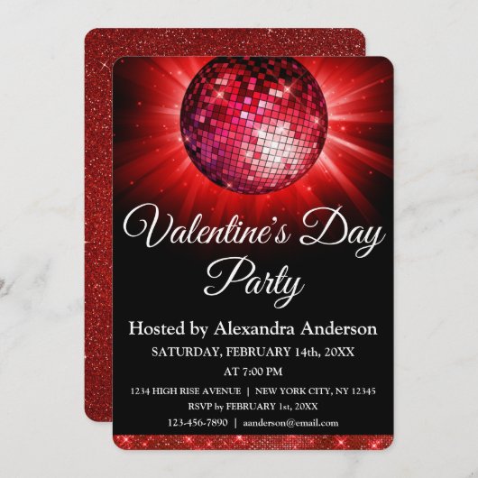 Invitation Saint Valentin Fête Rouge Disco Ball (Devant / Derrière)