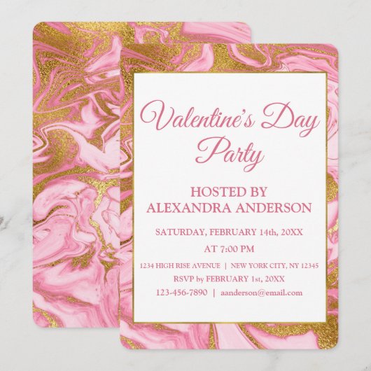 Invitation Saint-Valentin Gold Foil & Hot Pink Marble (Devant / Derrière)