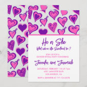 Invitation Saint Valentin le genre révèle amour violet rose (Devant / Derrière)