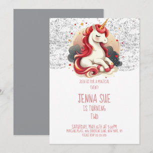 Invitation Saint-Valentin Licorne Rose Gris Paillettes Fête