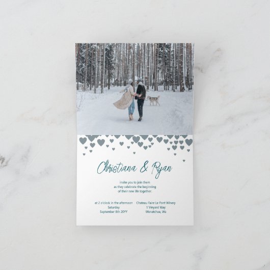 Invitation Saint-Valentin Mariage à thème, Coeurs verts Turqu (Intérieur)