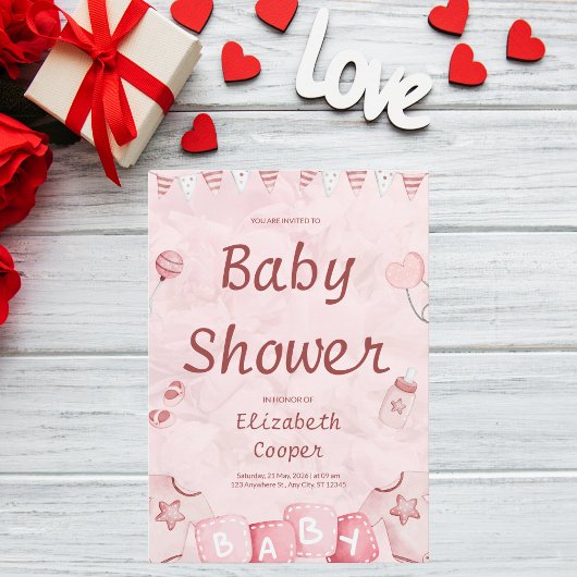 Invitation Saint Valentin Pink Baby Girl Douche