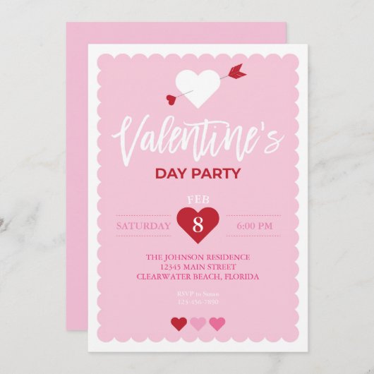 Invitation Saint Valentin Pink Scalloped Edge Party (Devant / Derrière)