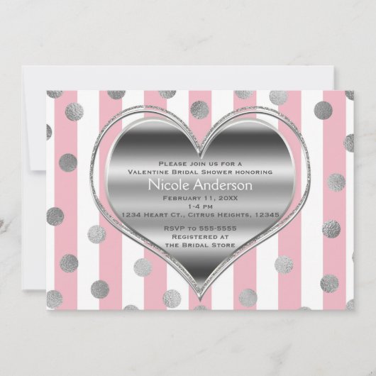 Invitation Saint-Valentin Silver Heart Rose & White Stripes (Devant)