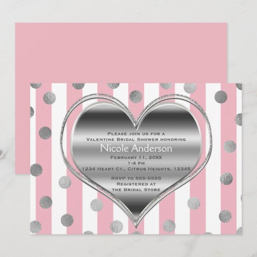 Invitation Saint-Valentin Silver Heart Rose & White Stripes (Devant / Derrière)