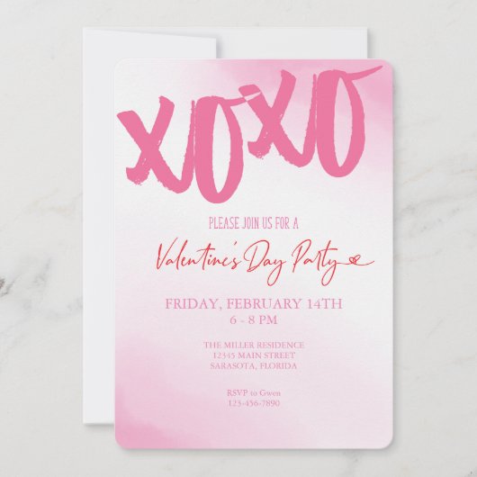 Invitation Saint Valentin XOXO Pink Watercolor Party (Devant)