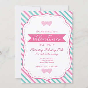 Invitation Saint Valentin's Party rose Turquoise en rayures