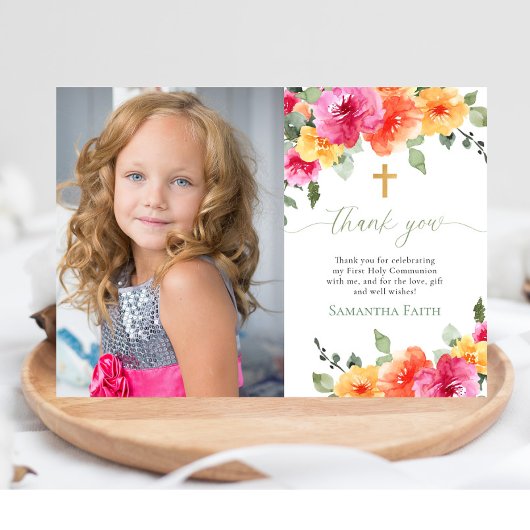 Invitation Sainte Communion Baptême florales vives merci