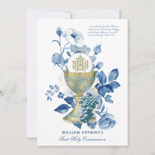 Invitation Sainte Communion Bleu Floral (Devant)