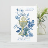 Invitation Sainte Communion Bleu Floral (Debout devant)