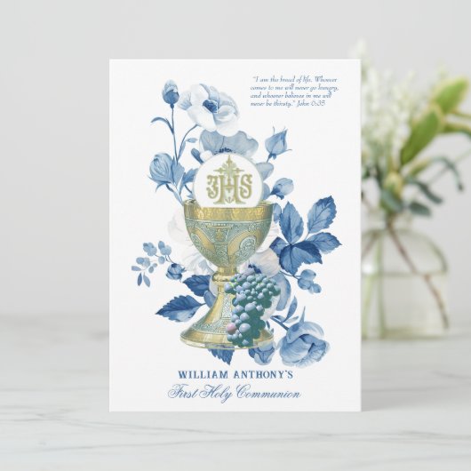 Invitation Sainte Communion Bleu Floral (Debout devant)