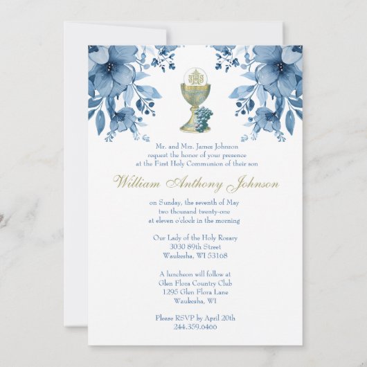 Invitation Sainte Communion Bleu Floral (Dos)