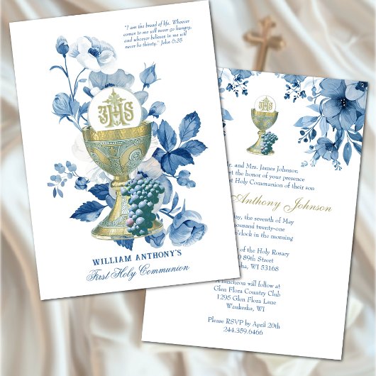 Invitation Sainte Communion Bleu Floral