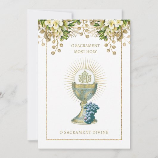 Invitation Sainte Communion Catholique Blanc Floral (Devant)