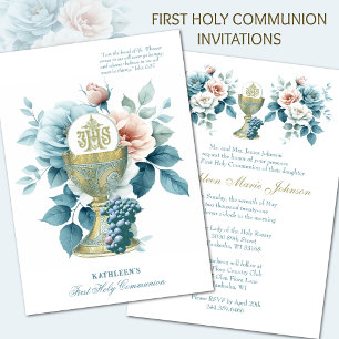 Invitation Sainte Communion catholique Élégant floral
