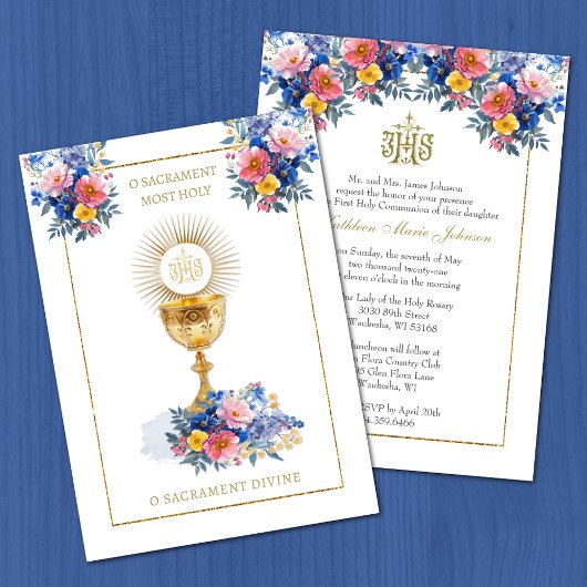 Invitation Sainte Communion catholique Élégant floral
