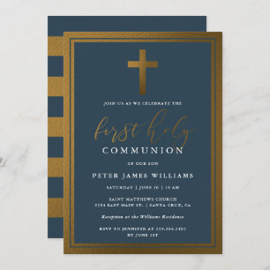 Invitation Sainte communion chique de bleu marine d'or et