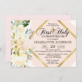 Invitation Sainte communion de fille rose florale d'aquarelle (Devant / Derrière)