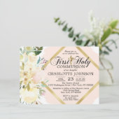 Invitation Sainte communion de fille rose florale d'aquarelle (Debout devant)